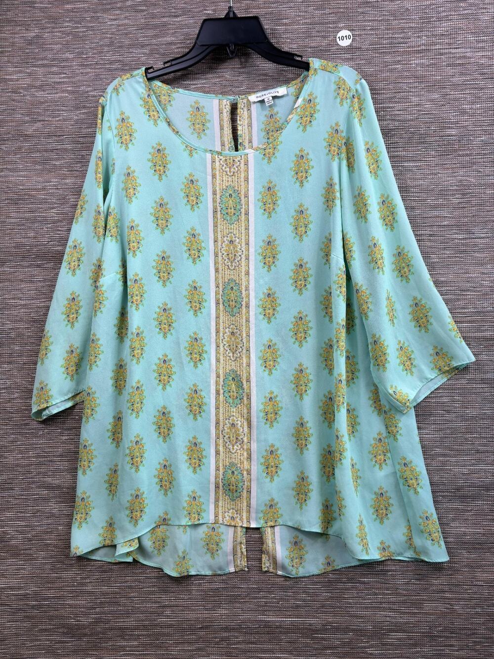 Rose + Olive Baroque Peasant Blouse Womens Size 1X Light Blue Multi Boho